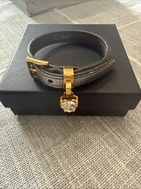 Miu Miu Gray Leather Wrap Bracelet with Gold Crystal Charm